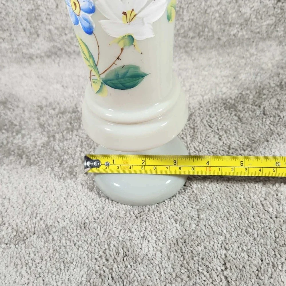 Vase White Floral Hand Painted Glass - Mid Century‎ Modern